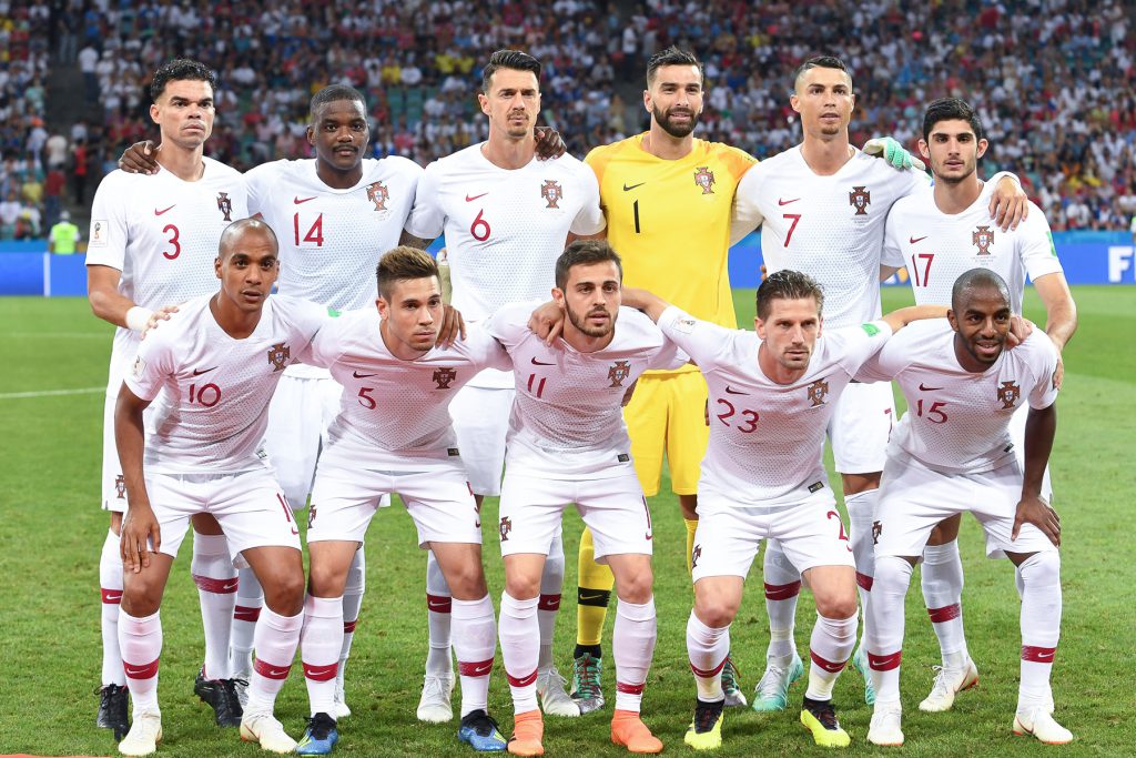 Portugal national football team before a 2018 World Cup match, with Cristiano Ronaldo standing in the back row