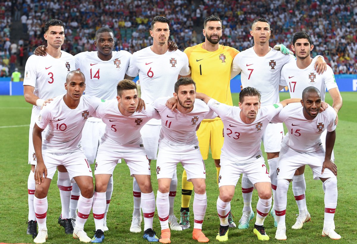 Portugal national football team before a 2018 World Cup match, with Cristiano Ronaldo standing in the back row