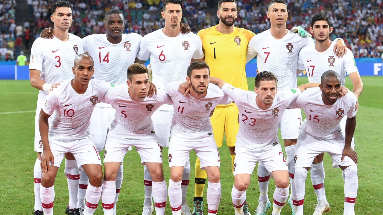 Portugal national football team before a 2018 World Cup match, with Cristiano Ronaldo standing in the back row